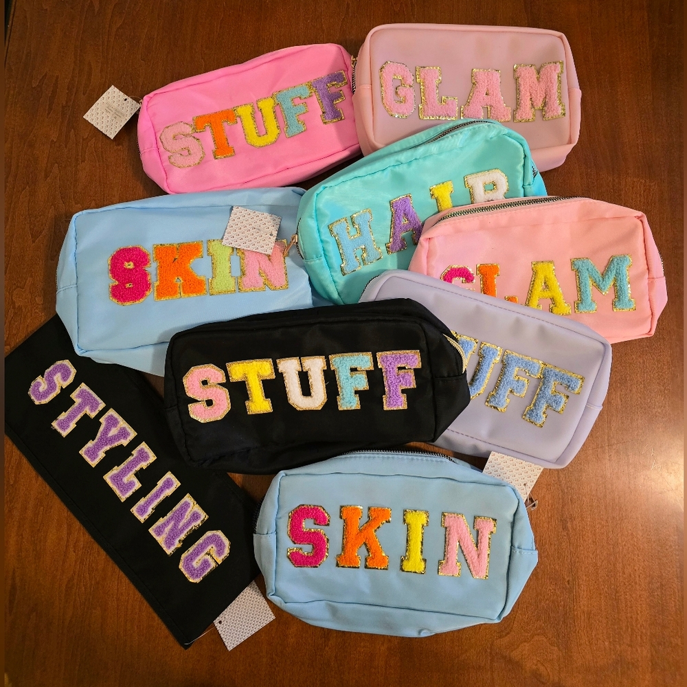 NEW (9) Lot of Preppy Patch Pouches - Cosmetic Toiletry Bags by Lulla Collection